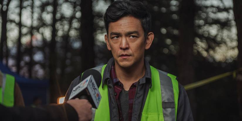 John Cho as David Kim being interviewed in Searching