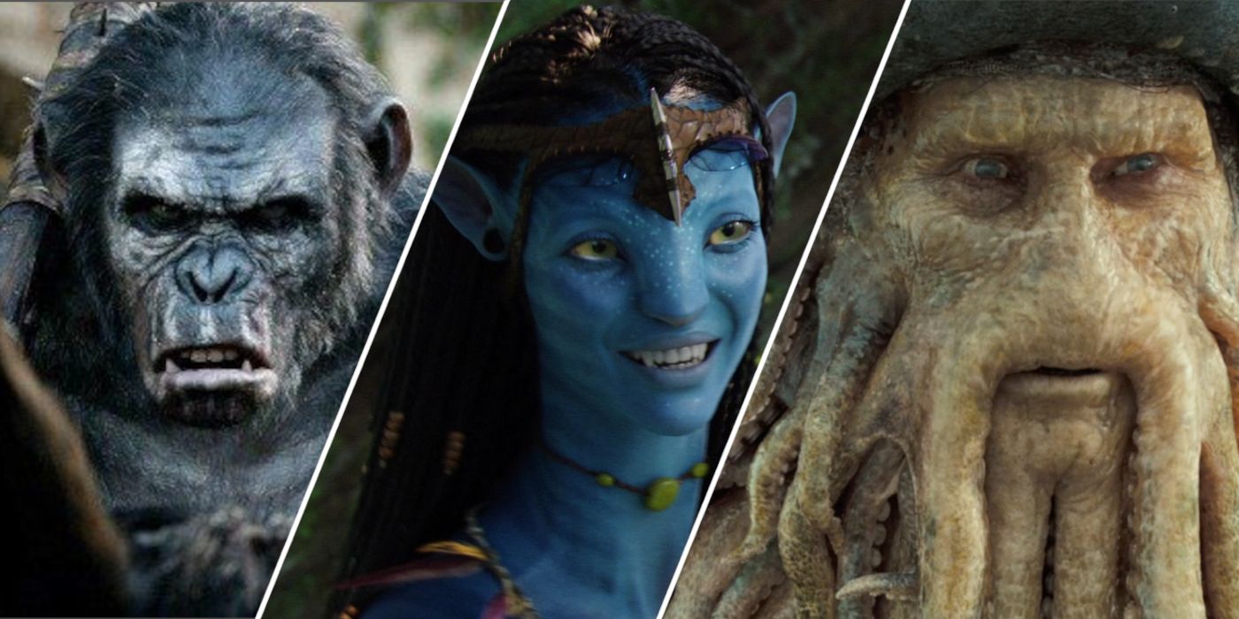 Split image showing Koba, Neytiri, and Davy Jones