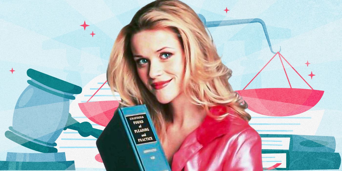 Blended image showing Reese Witherspoon as Elle Woods holding a law book