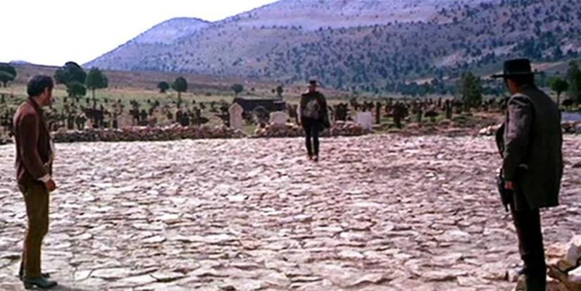 Blondie (Clint Eastwood), Tuco (Eli Wallach), and Angel Eyes (Lee Van Cleef) in a Mexican standoff in 'The Good, The Bad and the Ugly'