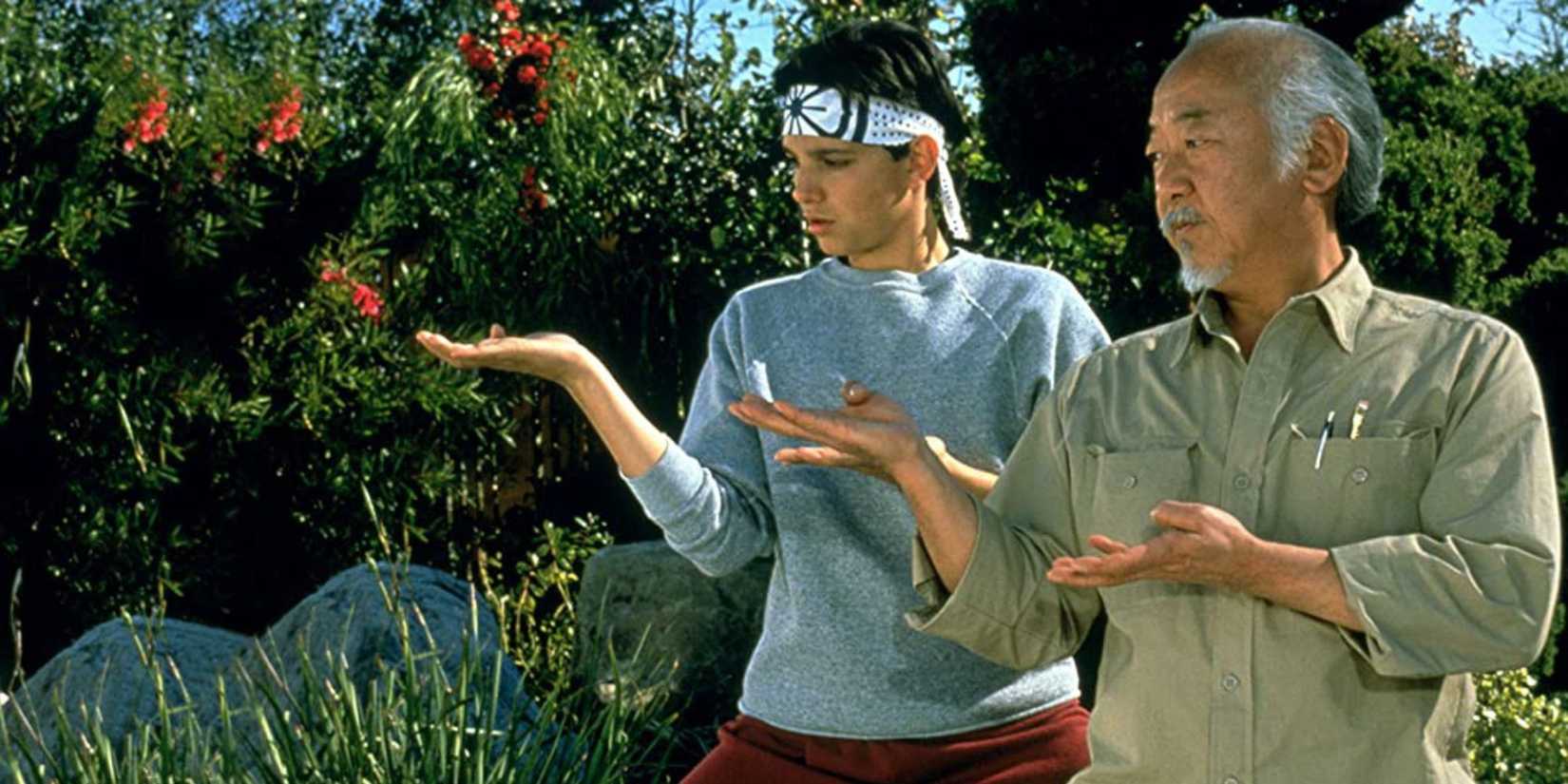Mr. Miyagi and Daniel LaRusso working out in The Karate Kid