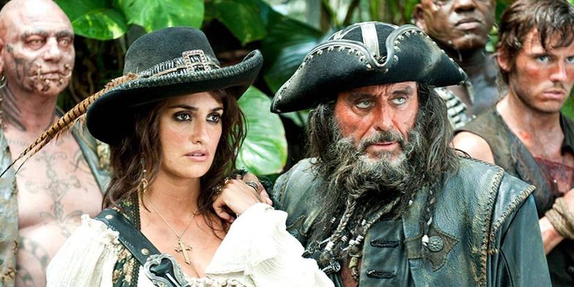 Angelica and Blackbeard looking intently in the same direction in Pirates of the Caribbean: On Stranger Tides.
