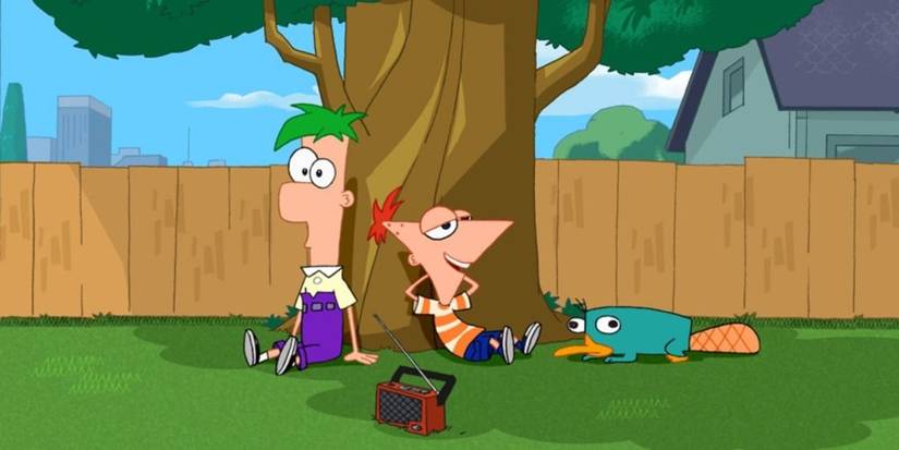 Phineas, Ferb, and Perry sitting under a tree in Phineas and Ferb.