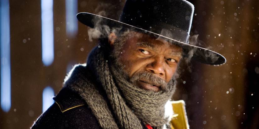 Samuel L. Jackson as Major Marquis Warren wearing a cowboy hat and looking to his right in The Hateful Eight.