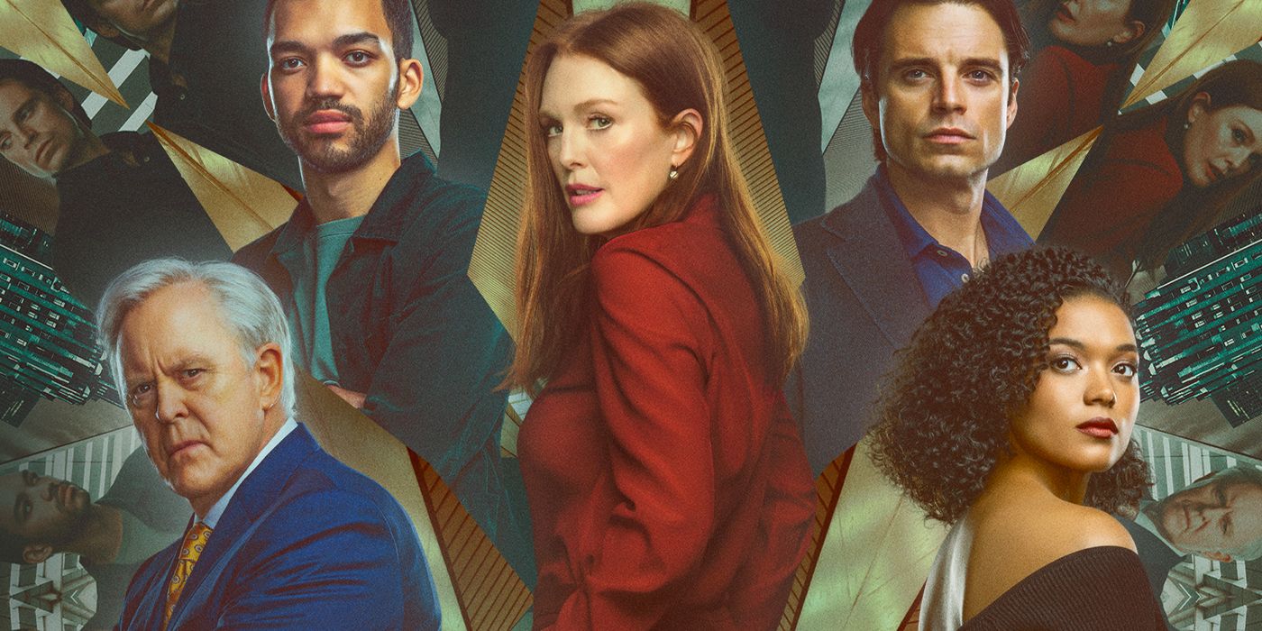 Sharper movie poster featuring Julianne Moore, Sebastian Stan, Briana Middleton, Justice Smith, and John Lithgow