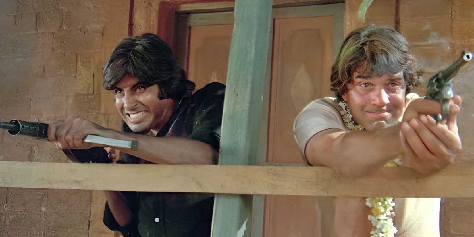 Two men firing guns in the Indian action movie Sholay (1975)