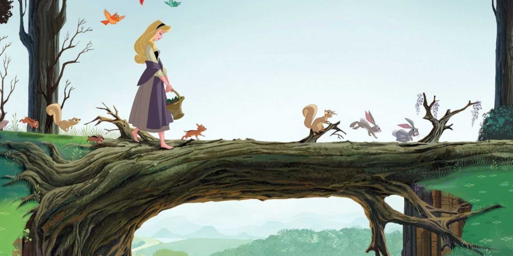 Aurora walking across a tree stump in Sleeping Beauty