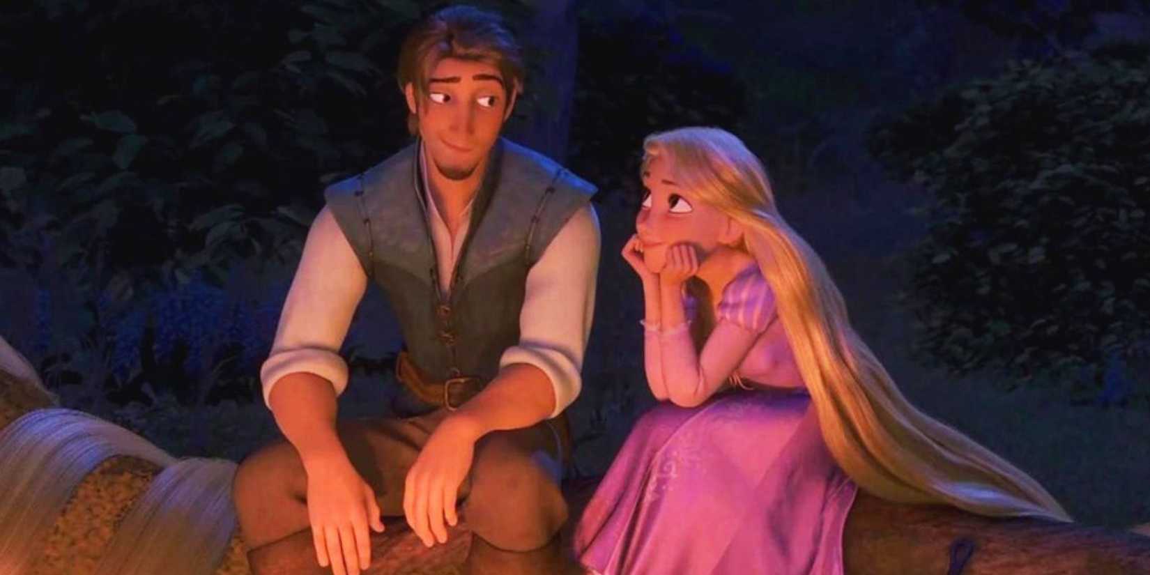 Flynn Rider and Rapunzel at a campfire in Disney's Tangled.