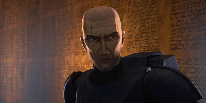 Crosshair in a scene from Season 2 of The Bad Batch in front of a wall of aurebesh writing