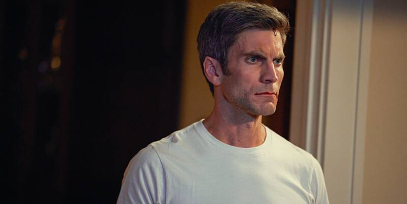 Jamie in a white t-shirt looks angry in Yellowstone Season 5, Episode 8.