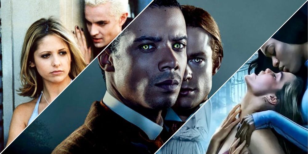 A photo collage of screenshots of fan favorite vampire couples from the shows Buffy the Vampire Slayer, Interview with the Vampire and First Kill