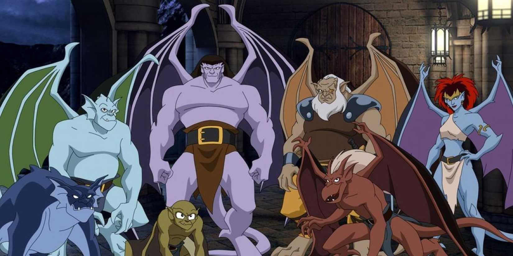 The cast of characters stand together and face the camera in Gargoyles.