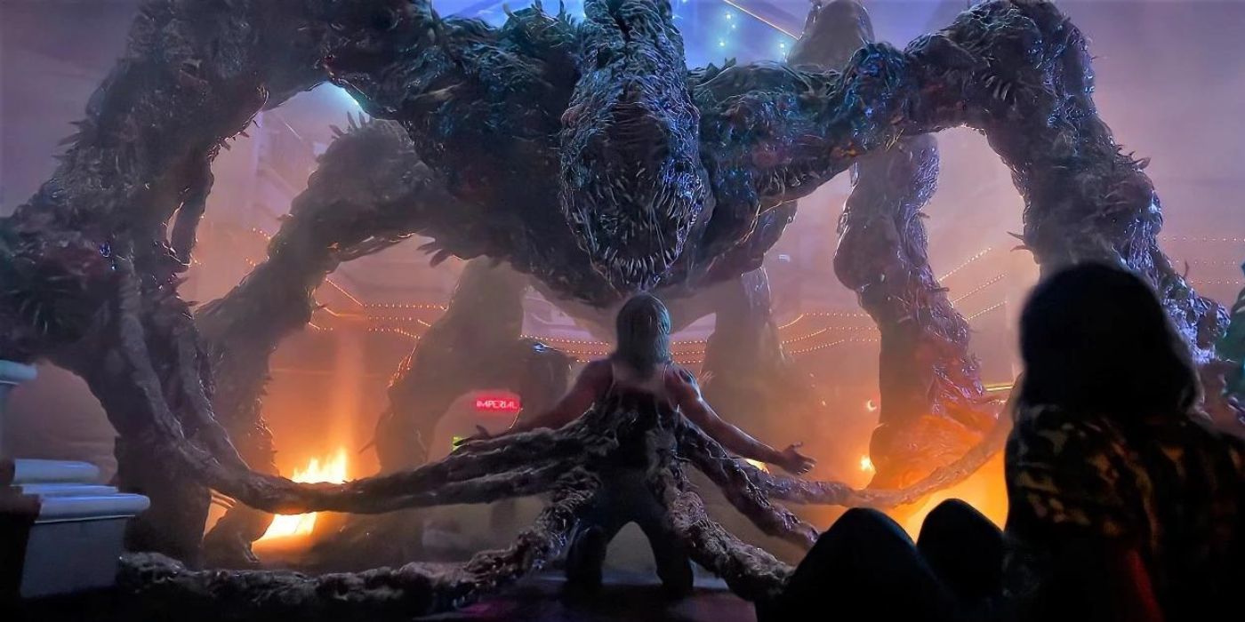 The giant monster, Mind Flayer, with tentacles in Billy's back in Stranger Things