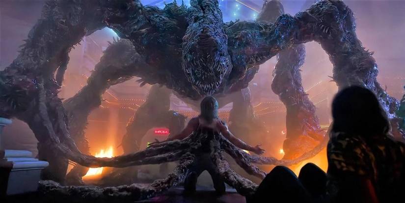 The giant monster, Mind Flayer, with tentacles in Billy's back in Stranger Things.