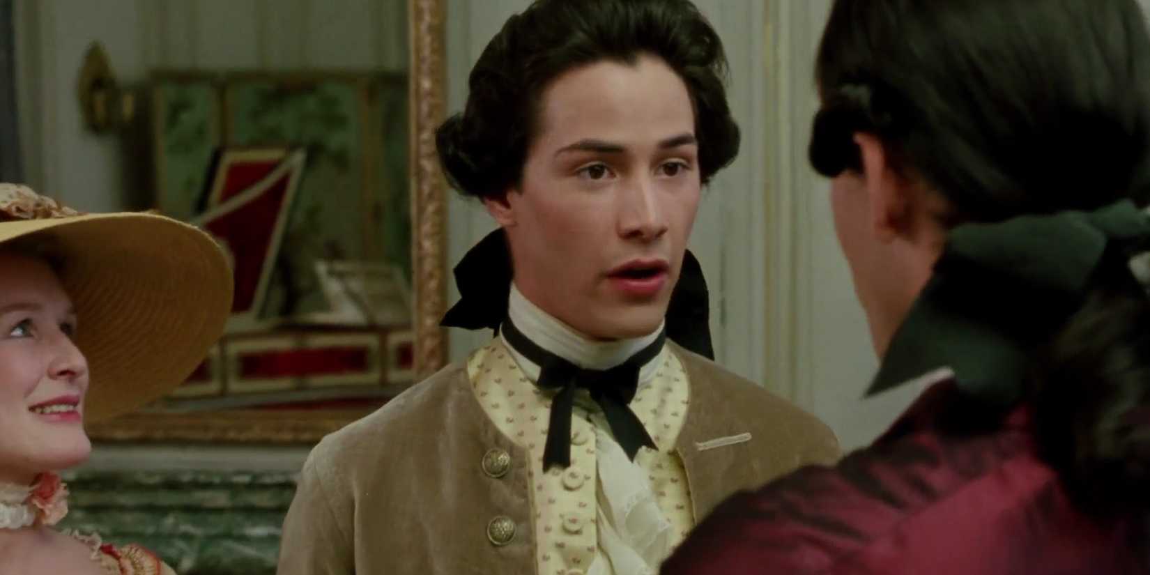 A still from the film Dangerous Liaisons featuring Keanu Reeves as his character Le Chevalier Raphael Danceny.