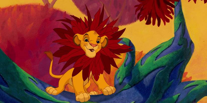 Simba wearing a faux collar of leaves during the "I Just Can't Wait to be King" number from The Lion King.