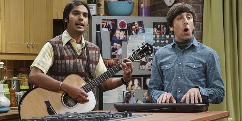 Raj (Kunal Nayyar) and Howard (Simon Helberg) playing instruments and singing in The Big Bang Theory