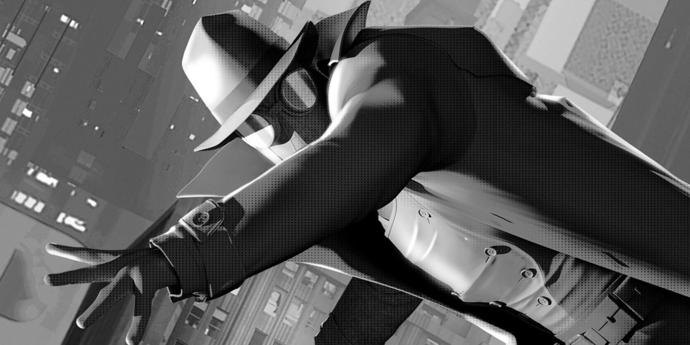 Spider-Man Noir extends his left hand in Spider-Man: A New Universe