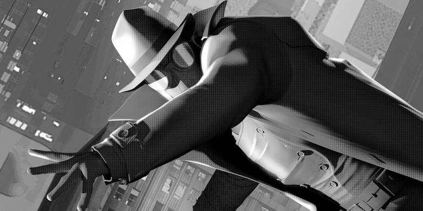 Spider-Man Noir reaching out with his left hand in Spider-Man: Into the Spider-Verse