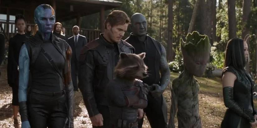 The Guardians of the Galaxy at Tony Stark's funeral in Avengers Endgame