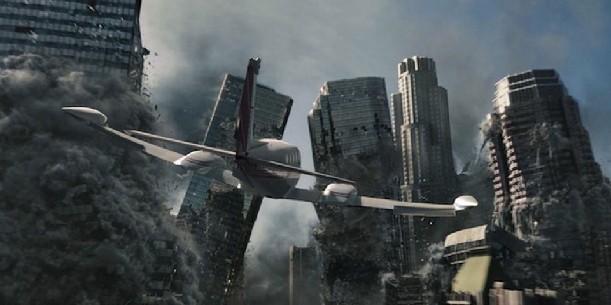 A plane flying through collapsing buildings in 2012