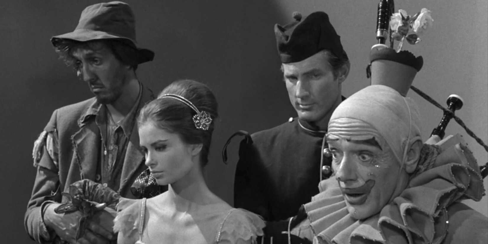 A ballerina, clown, bagpipe player and scamp in Five Character In Search of an Exit in The Twilight Zone