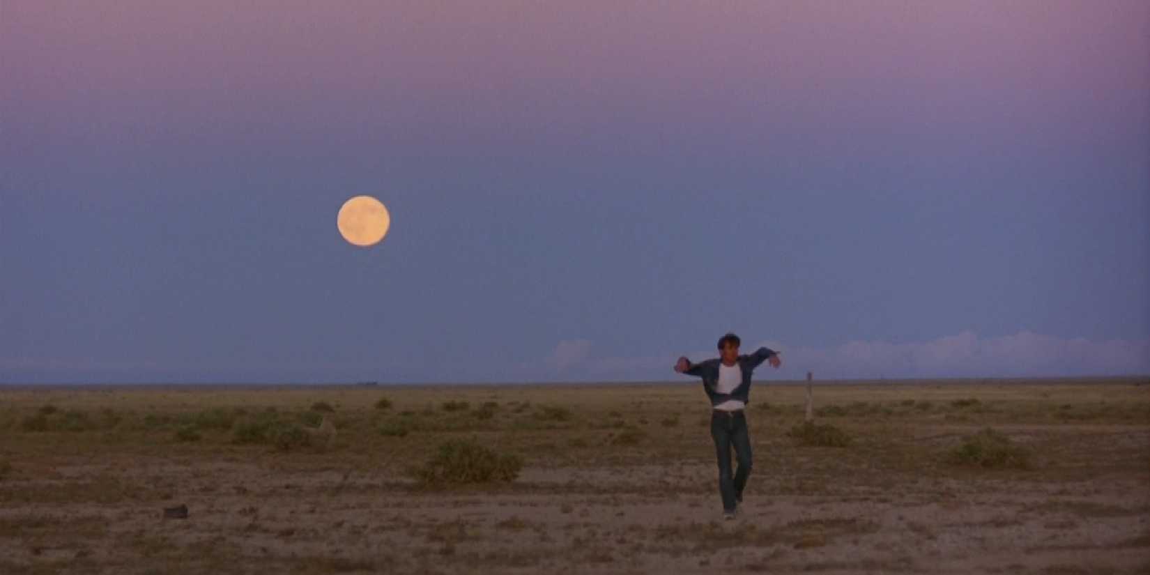 Martin Sheen walking across an empty plain during sunset in Terrence Malick's Badlands