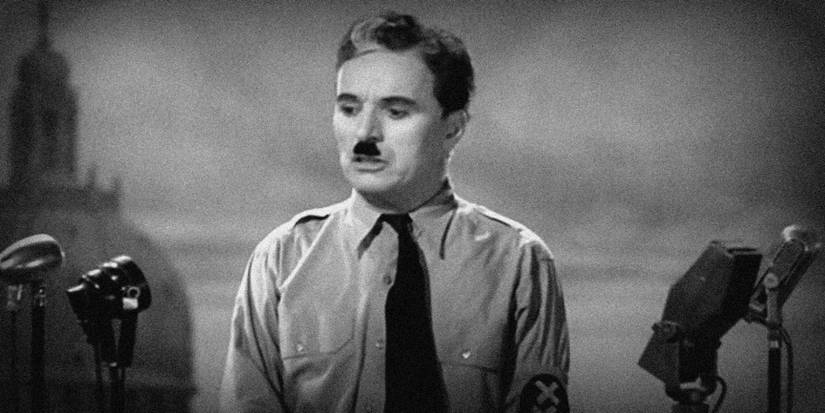 Charlie Chaplin as Adenoid Hynkel giving a speech in the Great Dictator