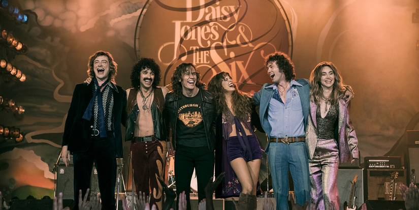 Josh Whitehouse, Sebastian Chacon, Sam Claflin, Riley Keough, Will Harrison, and Suki Waterhouse in Daisy Jones and The Six Episode 10