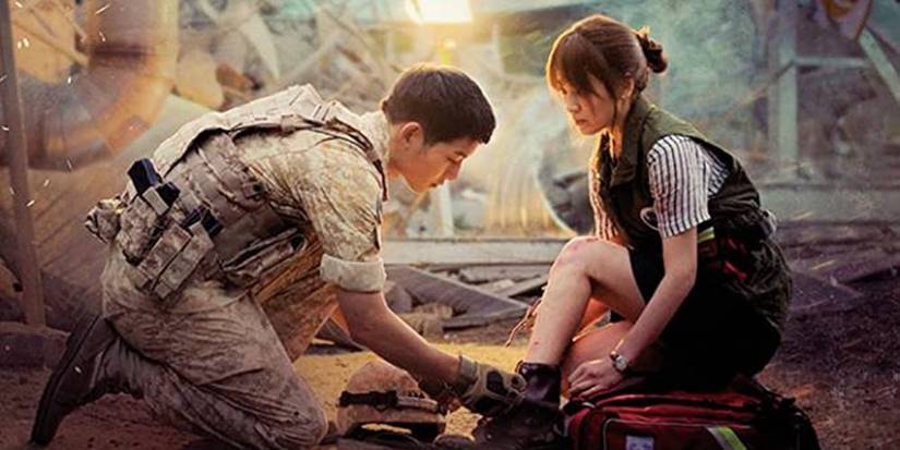 Descendants of the Sun poster representing Song Hye-kyo and Song Joong-ki as they help each other.