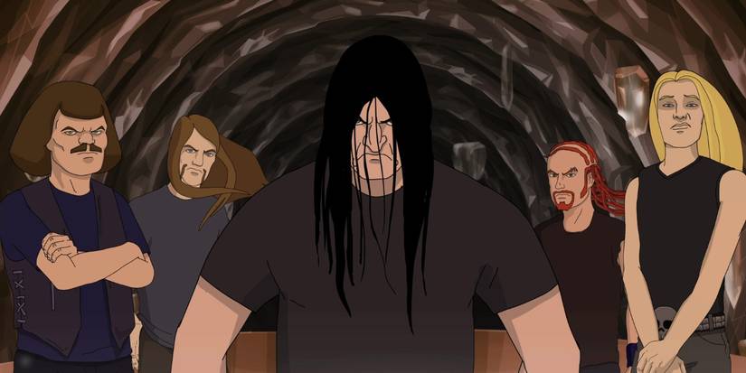Dethklok from Metalocalypse looking sternly ahead with others around.