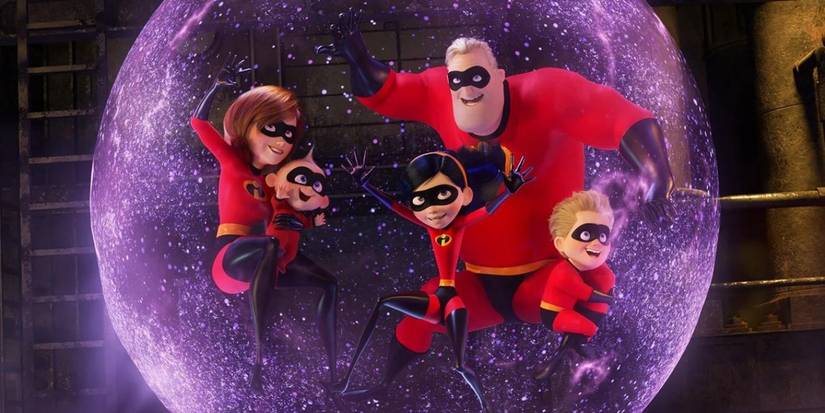 Violet using her powers to protect her family in a purple orb in The Incredibles 2