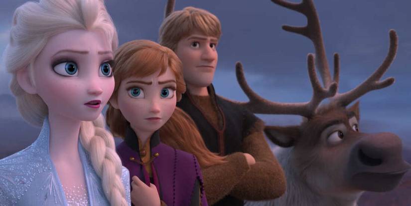 Elsa, Anna, Kristoff, and Sven looking offscreen in Frozen II