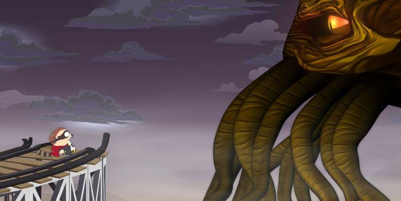 Eric Cartman standing on a bridge looking at Chtulu in South Park-2