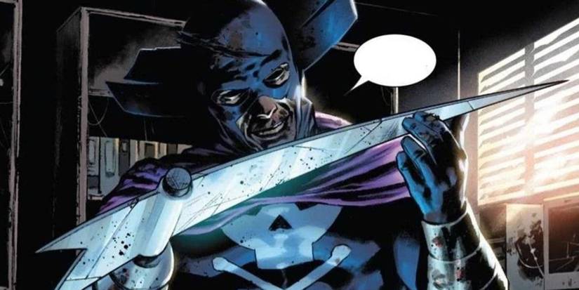 Marvel's Grim Reaper looking at his scythe with an evil smile