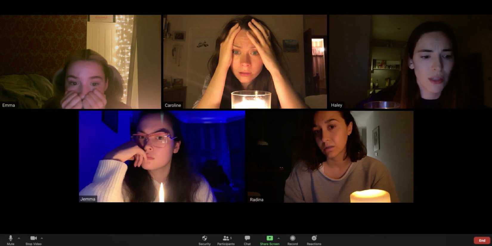 Friends are scared on a zoom call in Host 2020