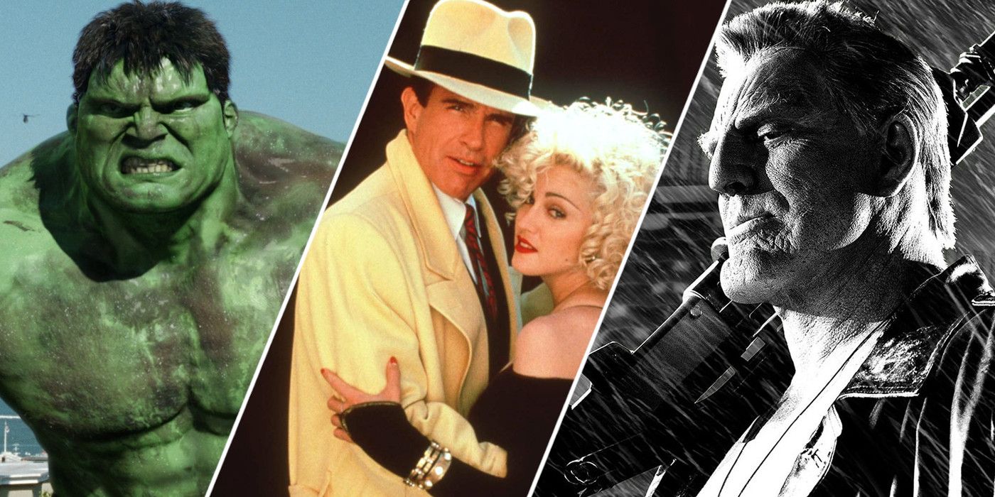 Split image showing characters from 2003's Hulk, Dick Tracy, and Sin City