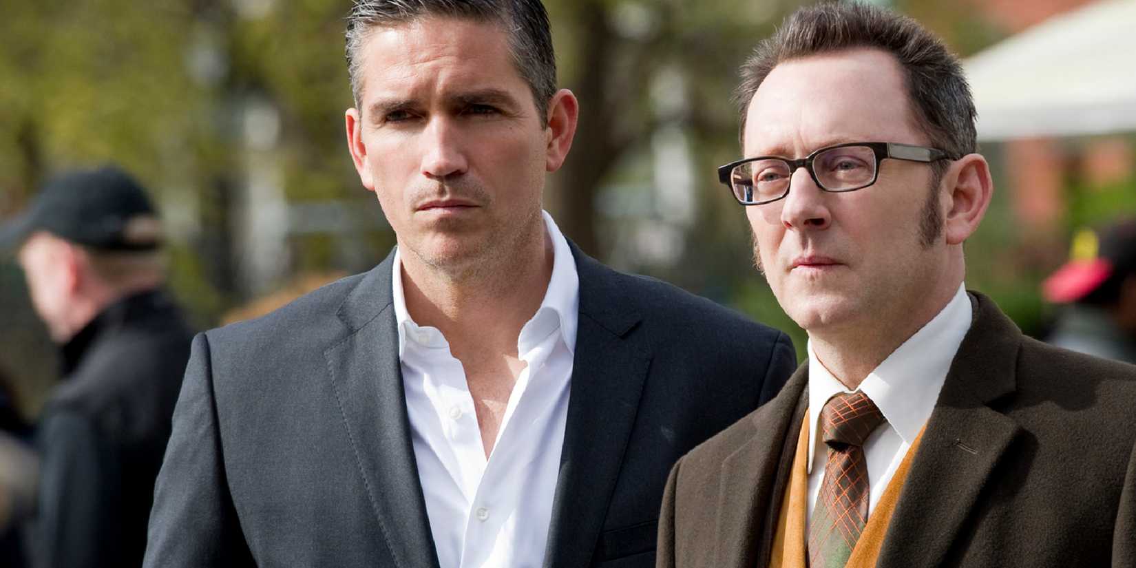 Michael Emerson and Jim Caviezel standing next to each other outside in Person of Interest.