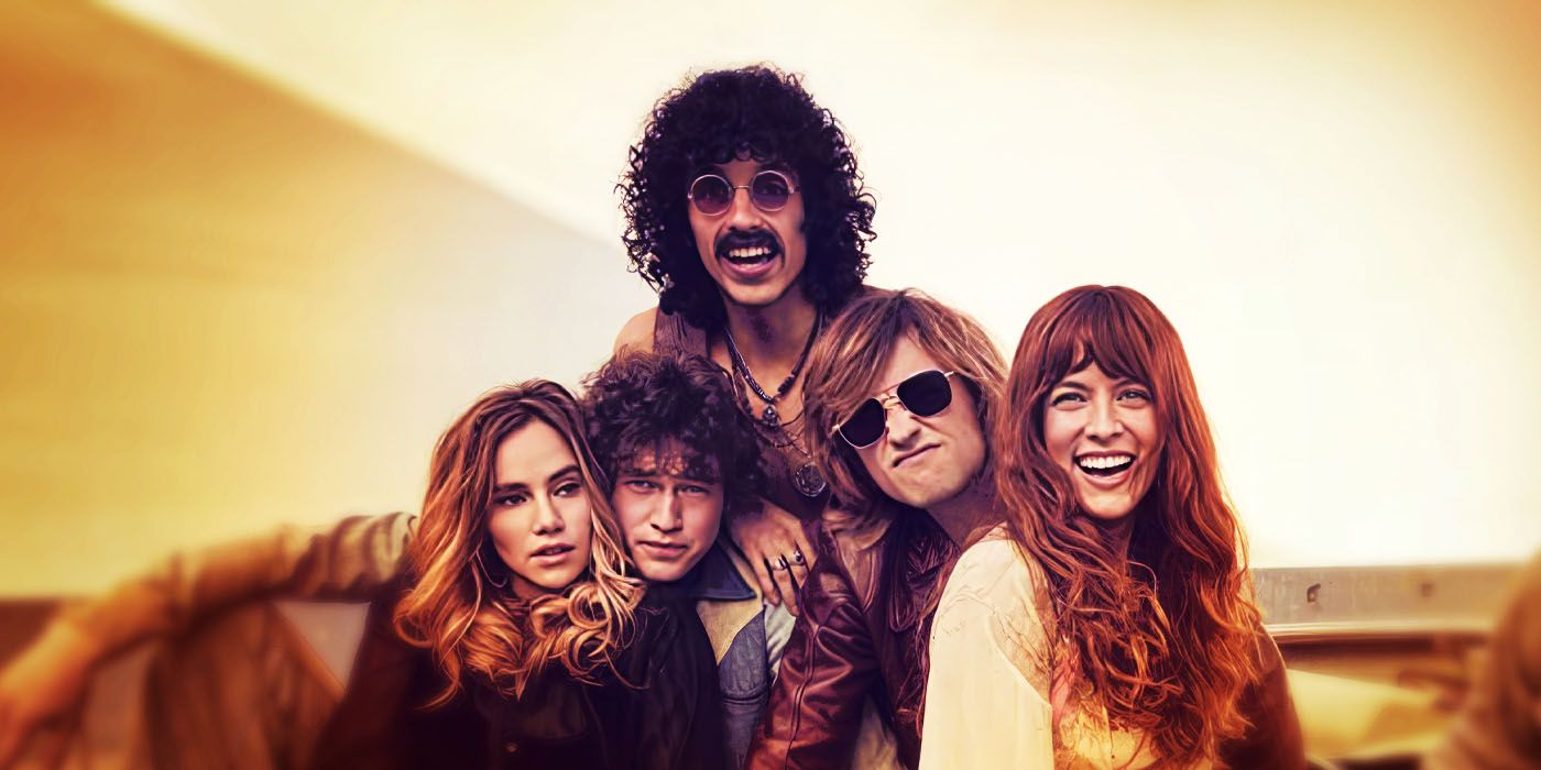 Suki Waterhouse, Will Harrison, Sebastian Chacon, Josh Whitehouse, and Riley Keough in Daisy Jones and The Six