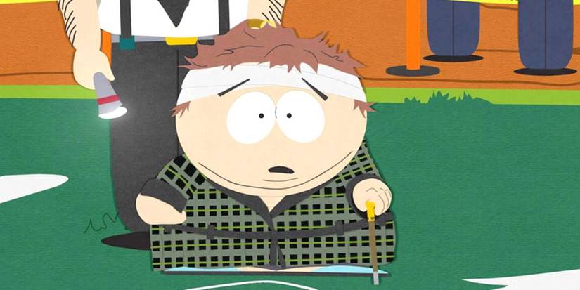 Eric Cartman standing in the grass looking shocked in South Park
