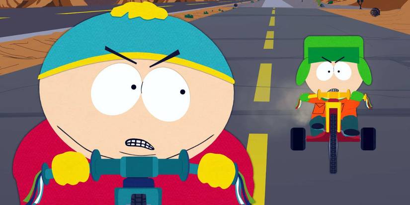 Cartman racing Kyle on big wheels in South Park