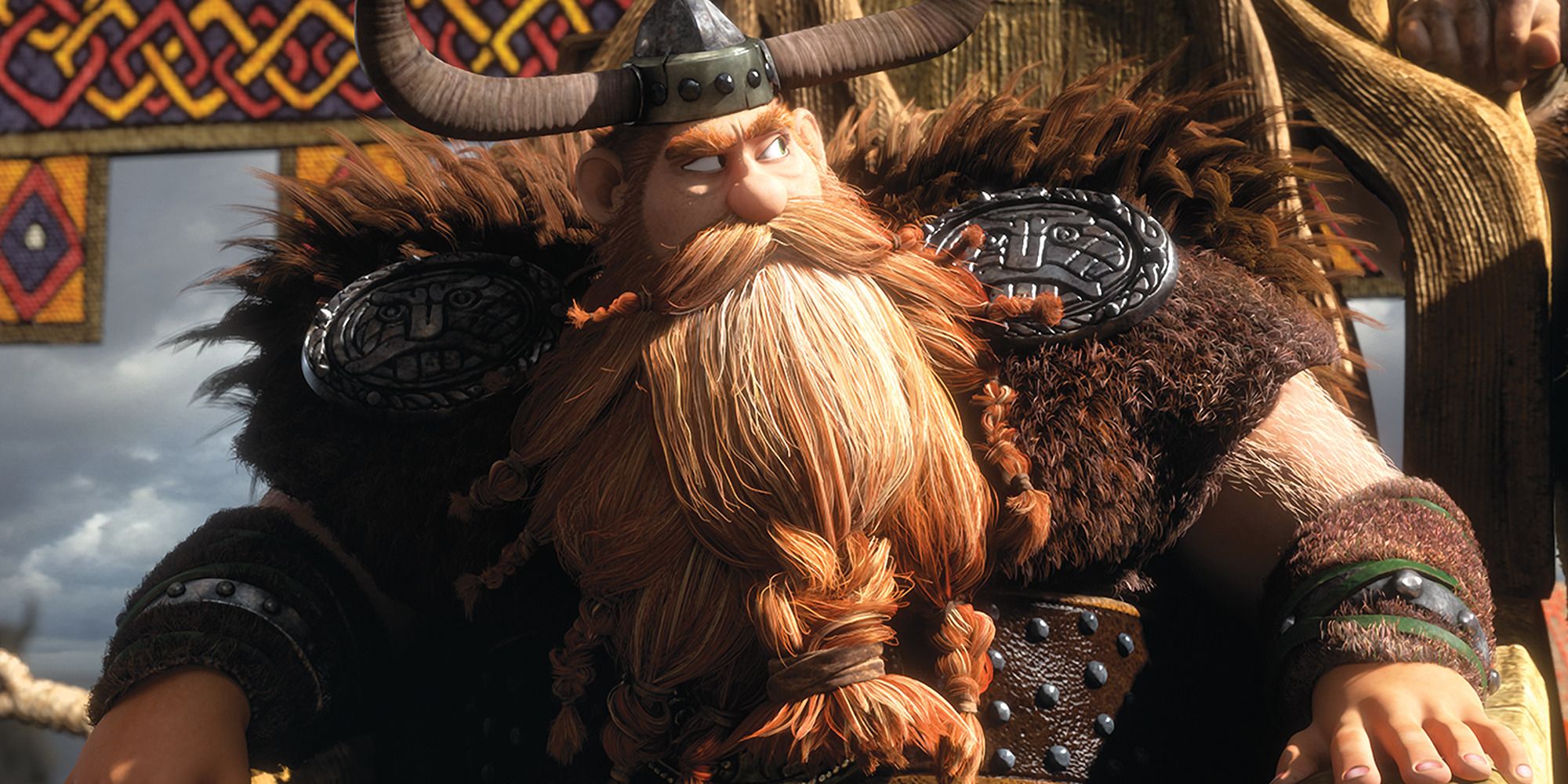 Stoick in 'How to Train Your Dragon 2', sitting on a Viking throne.