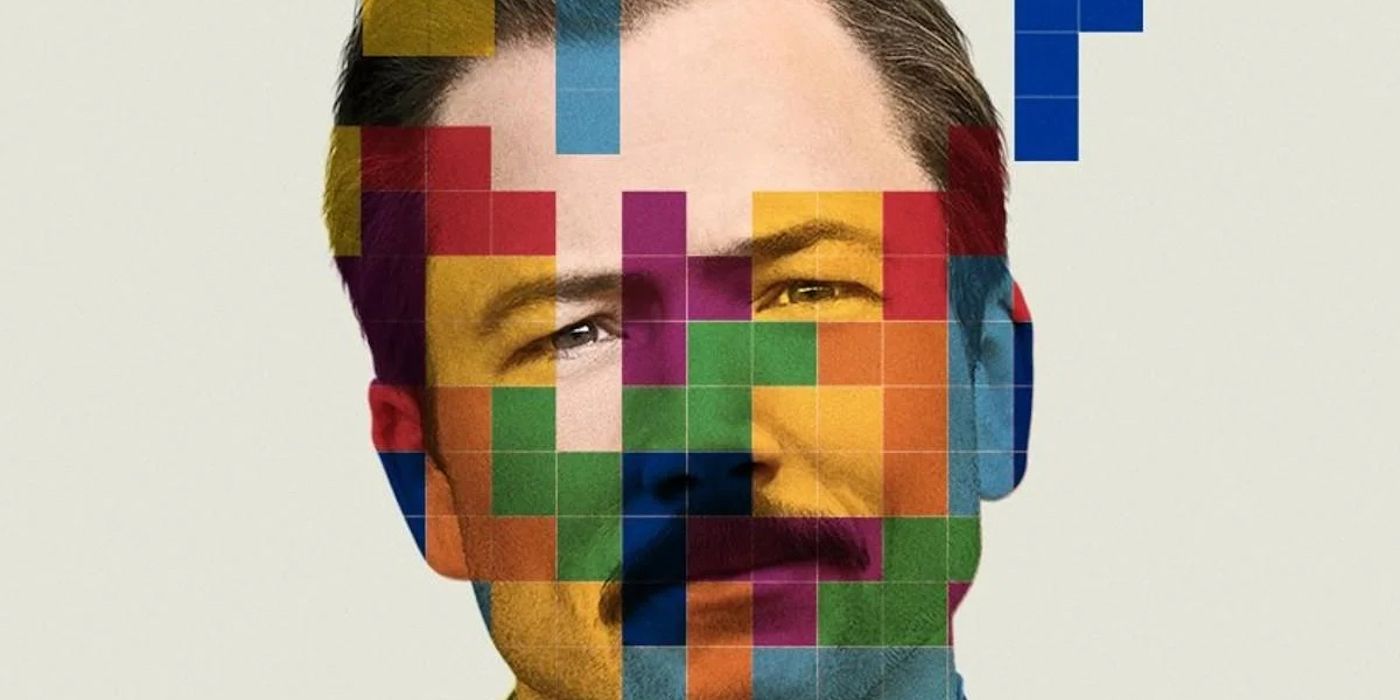 Tetris Poster featuring Taron Egerton with multicolored tetris blocks