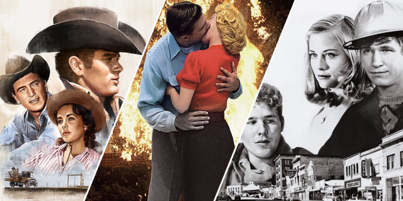 Split image showing characters from The Last Picture Show, Pleasantville, and Giant