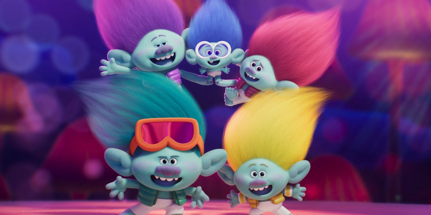 The boy band from Trolls Band Together performing on stage