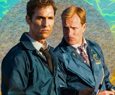 Woody Harrelson and Matthew McConaughey in True Detective with a stylized background