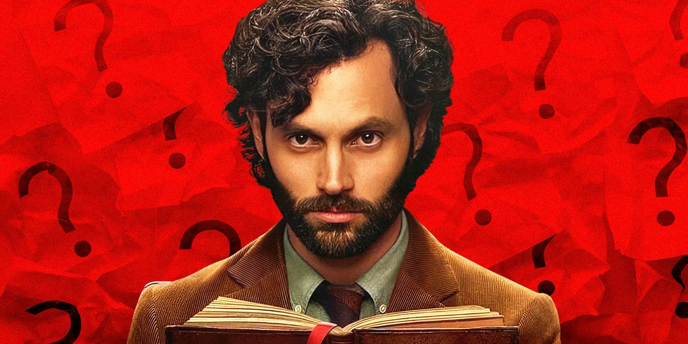 Penn Badgley in You in front of question marks with an open book.