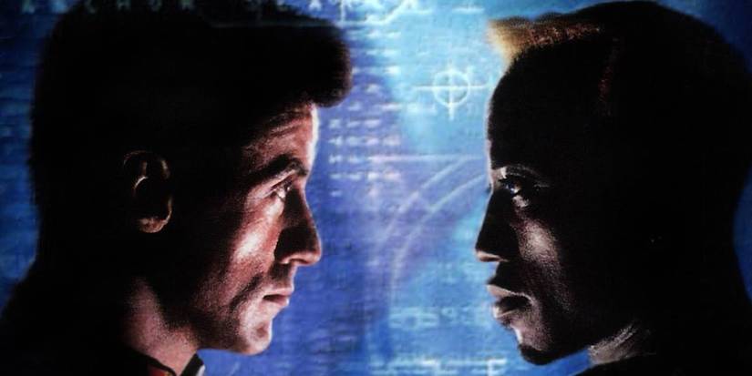 Sylvester Stallone and Wesley Snipes facing each other in Demolition Man