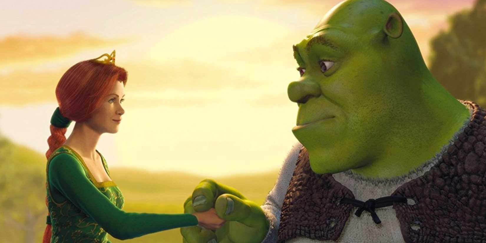 Shrek and Fiona holding hands in Shrek