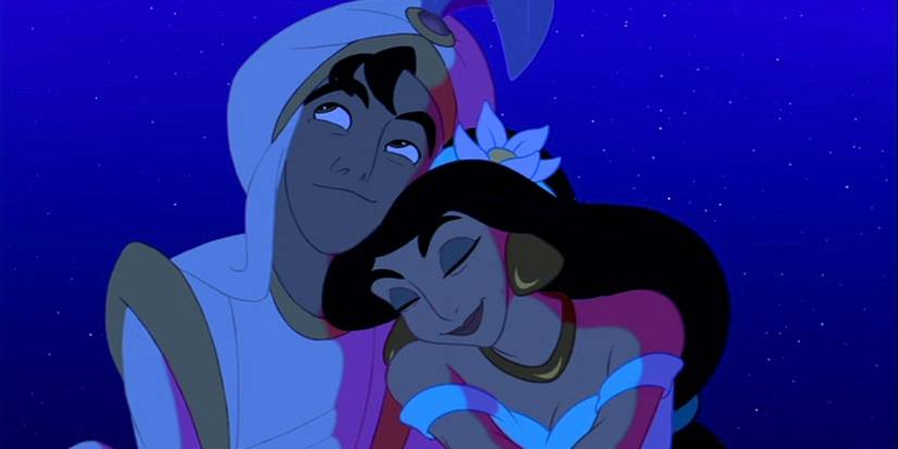 Jasmine resting her head on Aladdin's shoulder during fireworks in Aladdin.